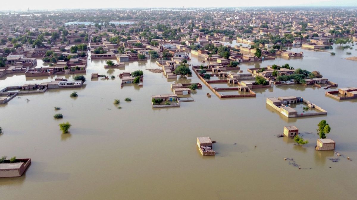 Aerial view of a flooded residential area in Pakistan in 2022